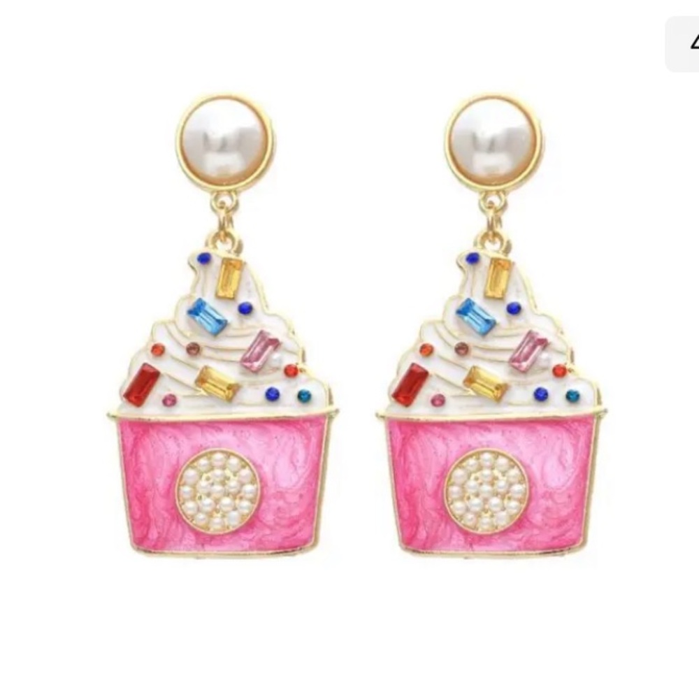 Betsey Johnson Ice Cream Earrings Jewelry Pearl Gem Stone Pink White Dessert NWT - Picture 2 of 3